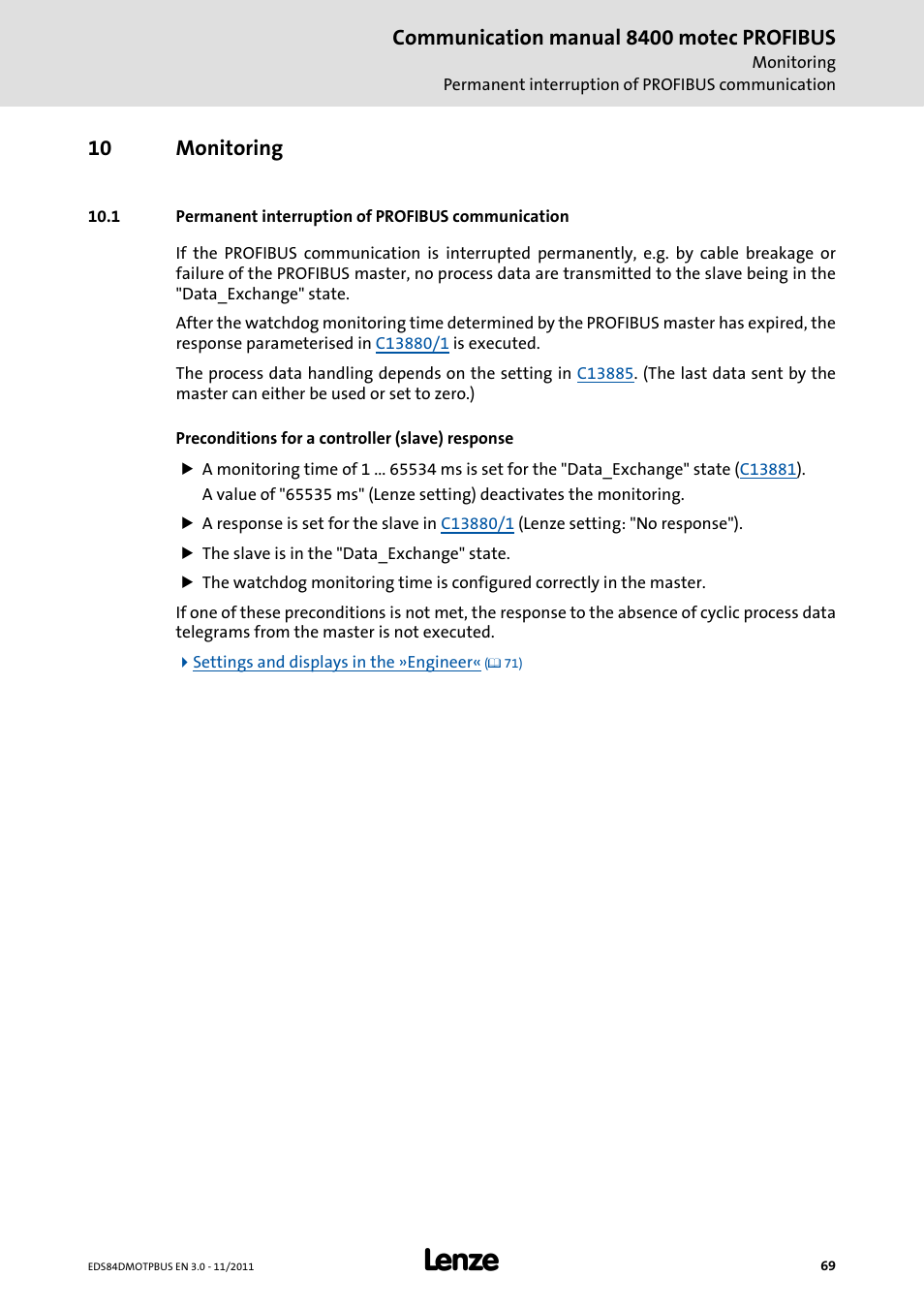 10 monitoring, 1 permanent interruption of profibus communication, Monitoring | Permanent interruption of profibus communication, Communication manual 8400 motec profibus | Lenze E84DGFCP User Manual | Page 69 / 100