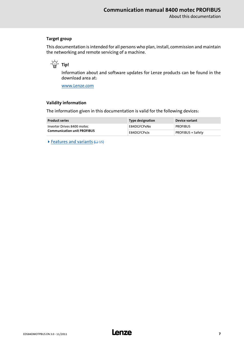 Communication manual 8400 motec profibus | Lenze E84DGFCP User Manual | Page 7 / 100