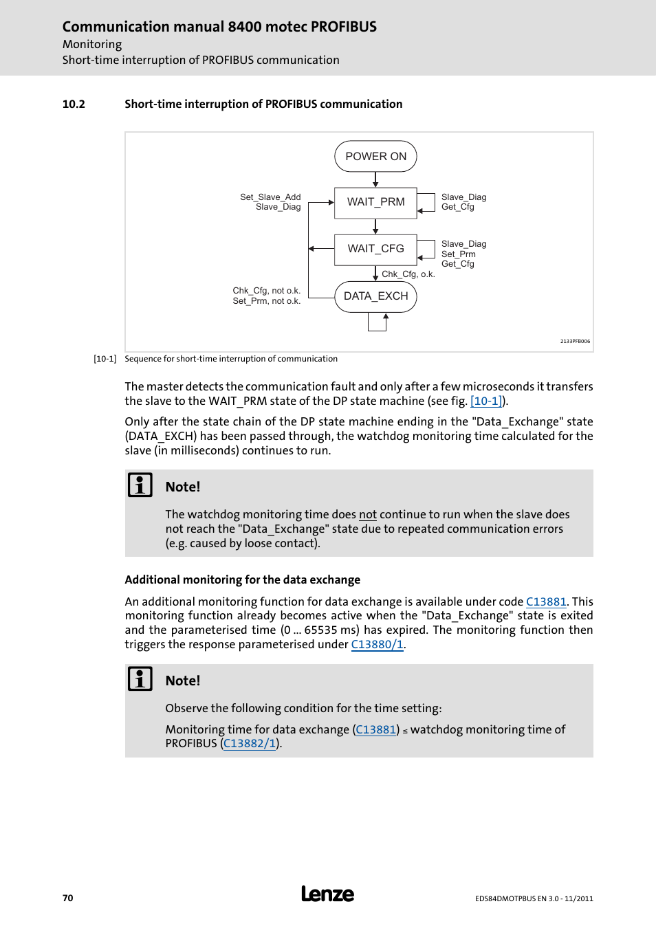 Short-time interruption of profibus communication, Communication manual 8400 motec profibus | Lenze E84DGFCP User Manual | Page 70 / 100