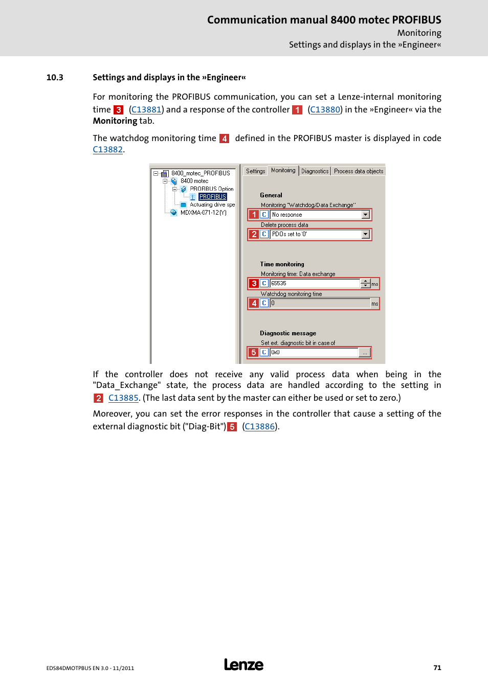3 settings and displays in the »engineer, Settings and displays in the »engineer, Communication manual 8400 motec profibus | Lenze E84DGFCP User Manual | Page 71 / 100