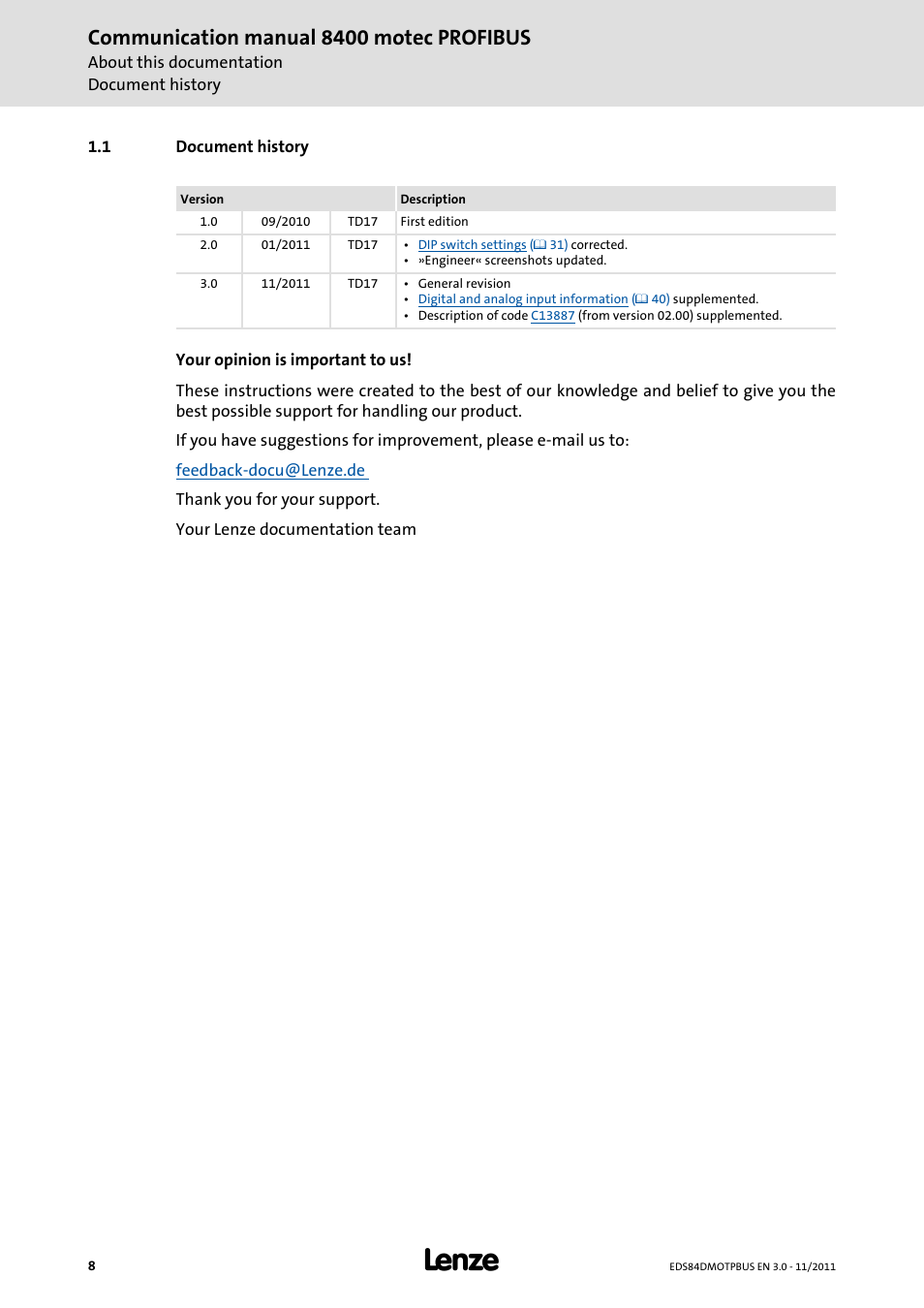 1 document history, Document history, Communication manual 8400 motec profibus | Lenze E84DGFCP User Manual | Page 8 / 100
