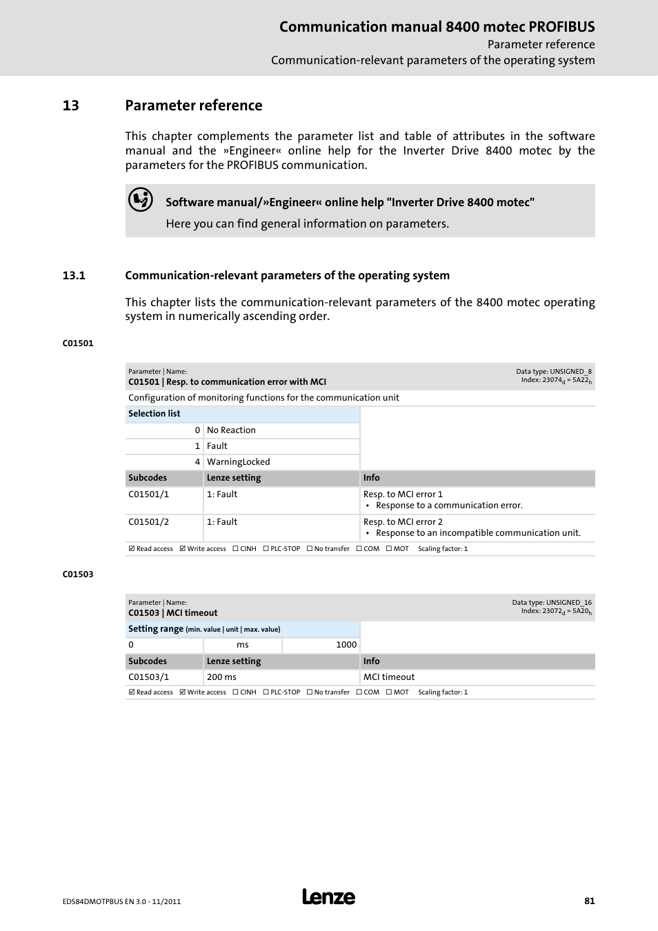 13 parameter reference, C01501 | resp. to communication error with mci, C01503 | mci timeout | Parameter reference, Communication manual 8400 motec profibus | Lenze E84DGFCP User Manual | Page 81 / 100