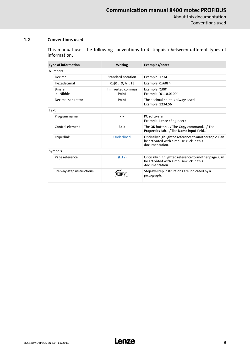2 conventions used, Conventions used, Communication manual 8400 motec profibus | Lenze E84DGFCP User Manual | Page 9 / 100