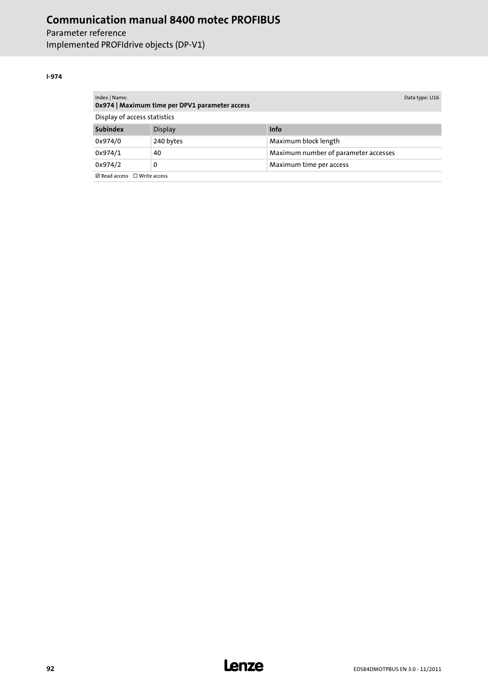 0x974 | maximum time per dpv1 parameter access, Communication manual 8400 motec profibus | Lenze E84DGFCP User Manual | Page 92 / 100