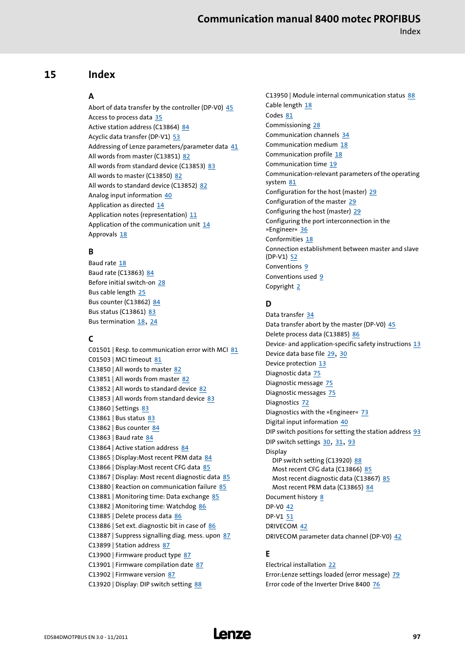 15 index, Index, Communication manual 8400 motec profibus | Lenze E84DGFCP User Manual | Page 97 / 100
