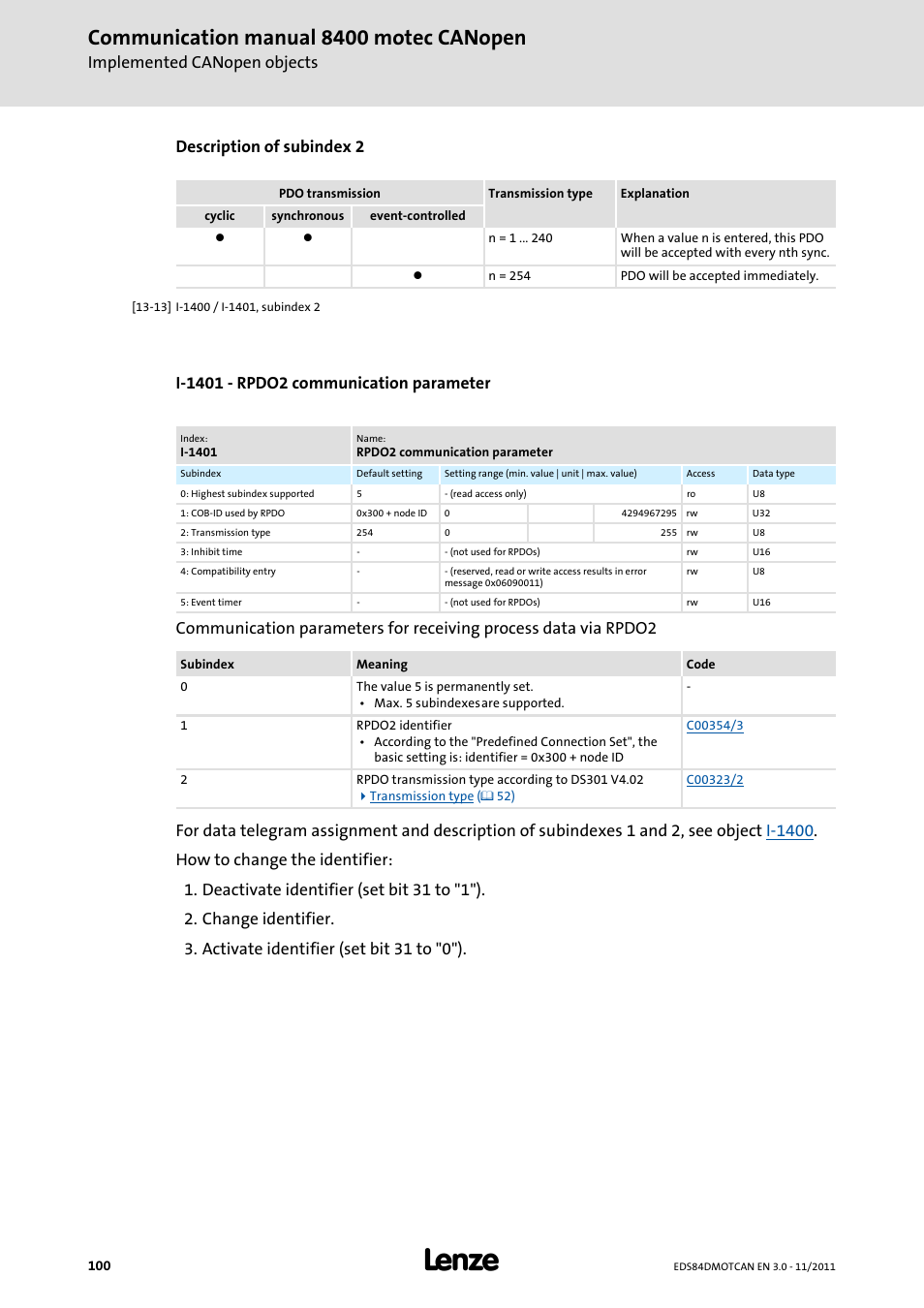 I-1401 - rpdo2 communication parameter, I-1401/1, I-1401 | I-1401/2, Communication manual 8400 motec canopen, Implemented canopen objects, Description of subindex 2 | Lenze E84DGFCC User Manual | Page 100 / 111