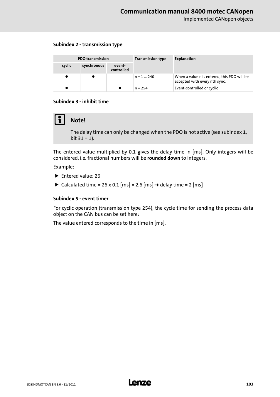 Communication manual 8400 motec canopen | Lenze E84DGFCC User Manual | Page 103 / 111
