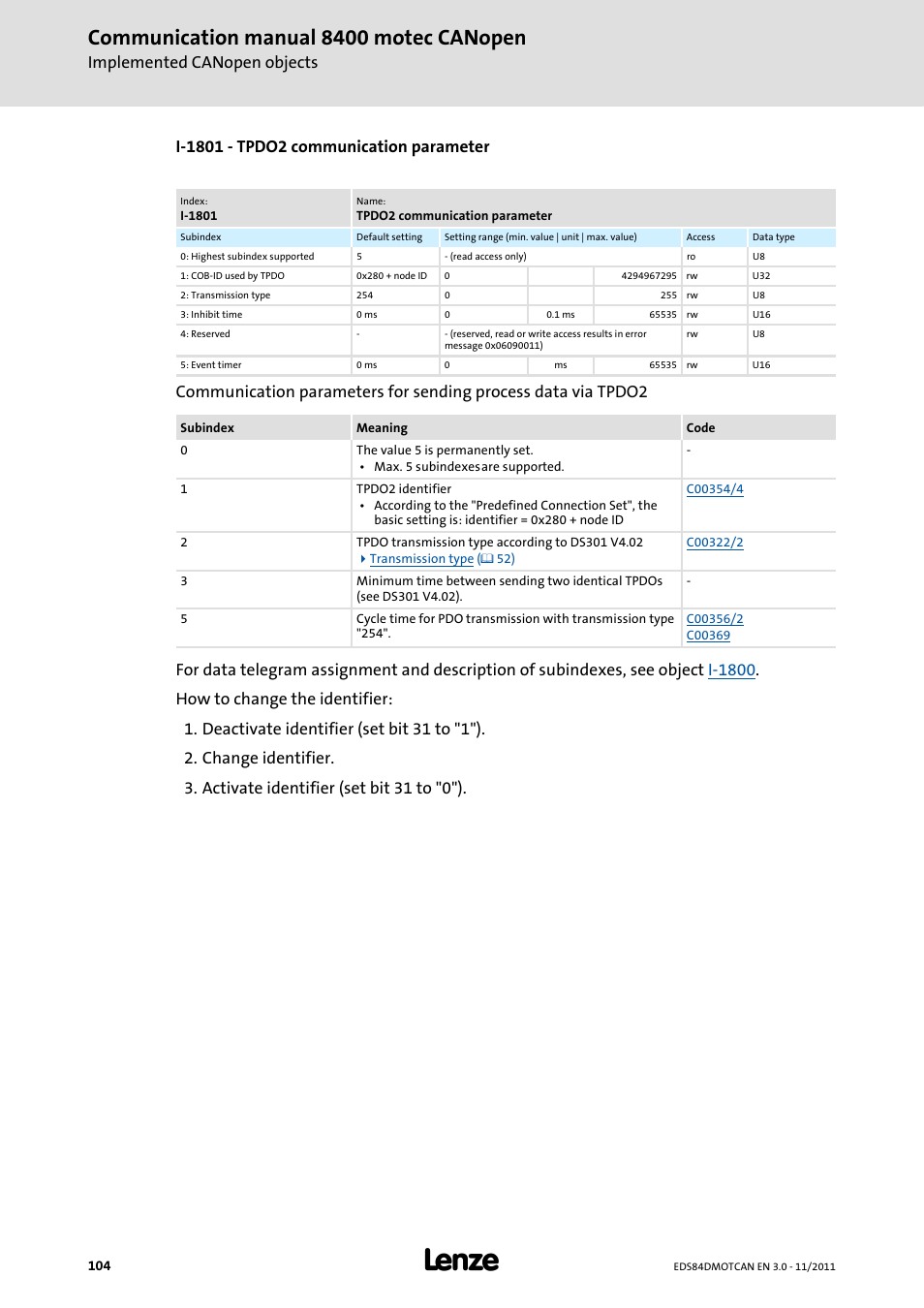 I-1801 - tpdo2 communication parameter, I-1801/1, I-1801 | I-1801/2, Communication manual 8400 motec canopen, Implemented canopen objects | Lenze E84DGFCC User Manual | Page 104 / 111