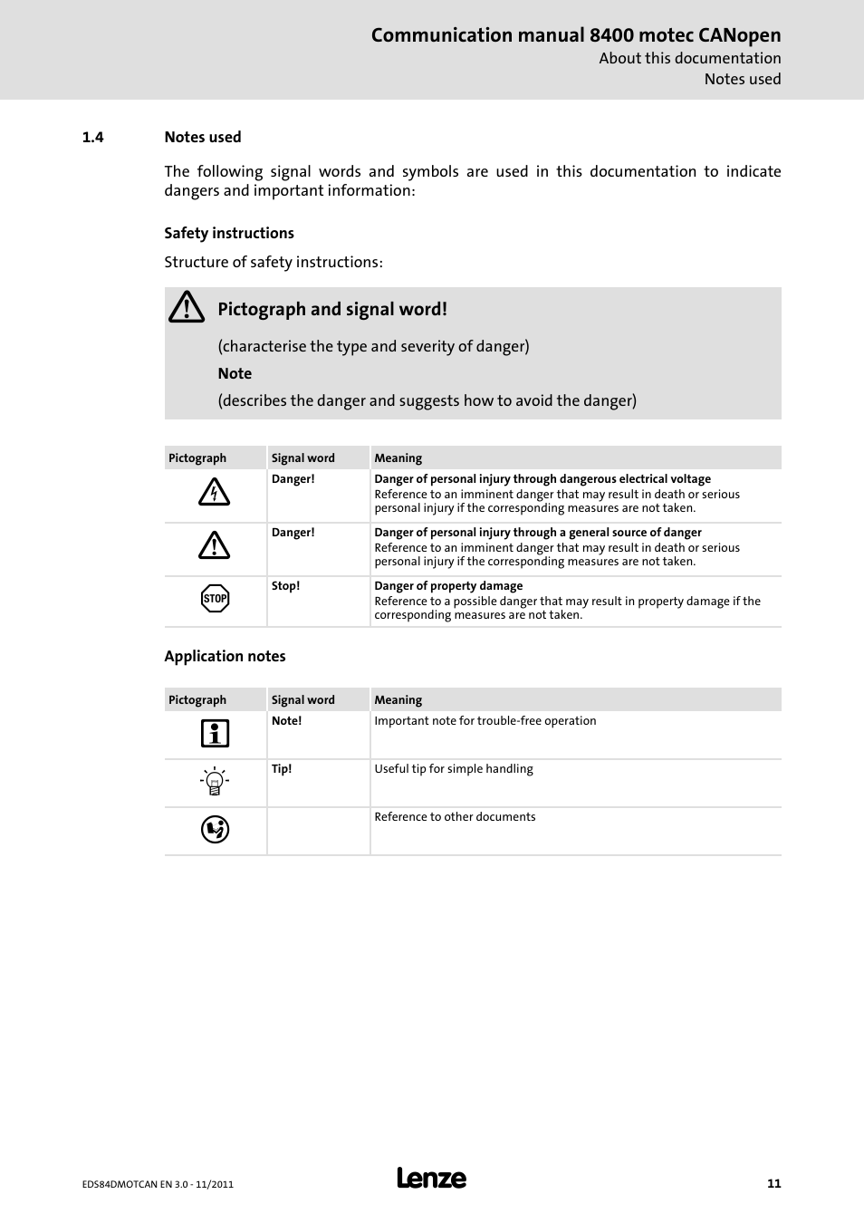 4 notes used, Notes used, Communication manual 8400 motec canopen | Lenze E84DGFCC User Manual | Page 11 / 111