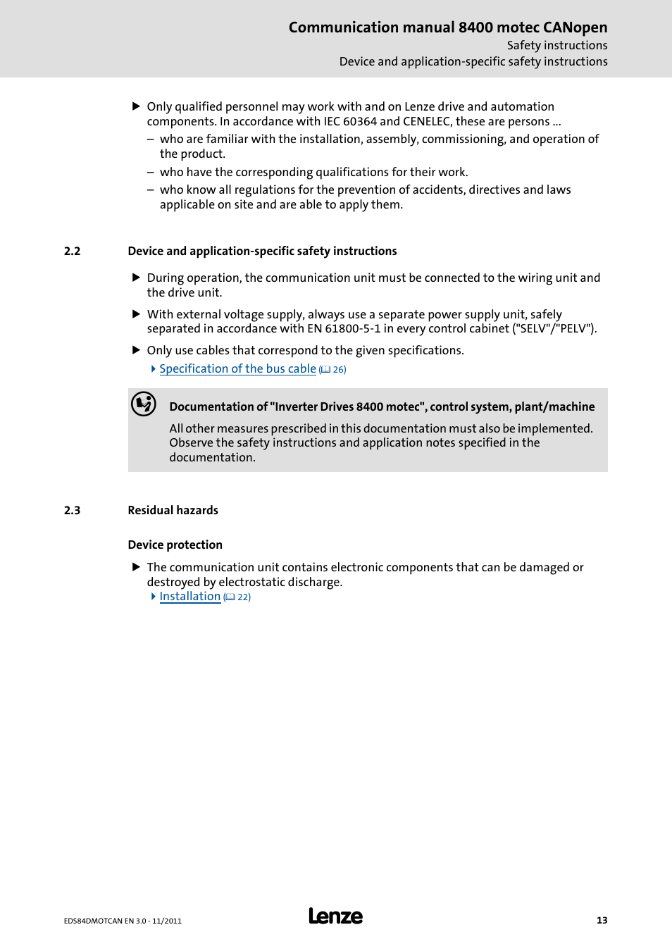3 residual hazards, Residual hazards, Communication manual 8400 motec canopen | Lenze E84DGFCC User Manual | Page 13 / 111