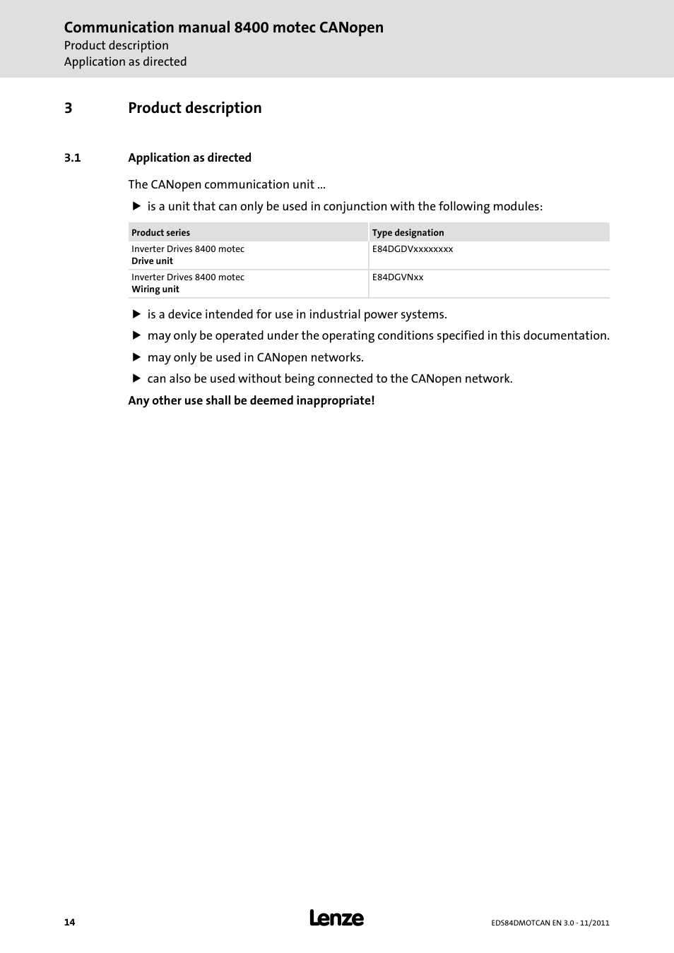 3 product description, 1 application as directed, Product description | Application as directed, Communication manual 8400 motec canopen, 3product description | Lenze E84DGFCC User Manual | Page 14 / 111