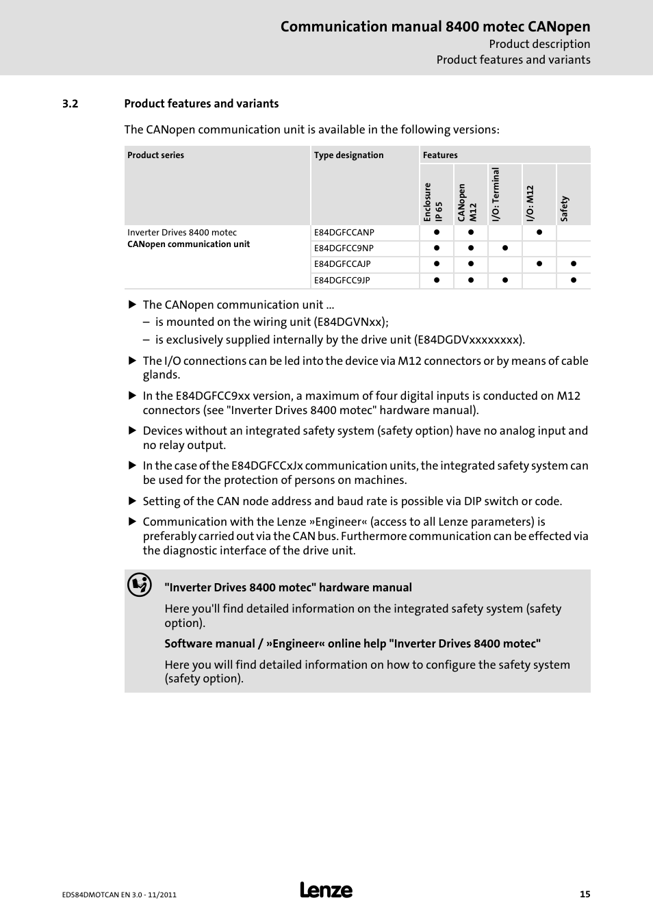 2 product features and variants, Product features and variants, Communication manual 8400 motec canopen | Lenze E84DGFCC User Manual | Page 15 / 111