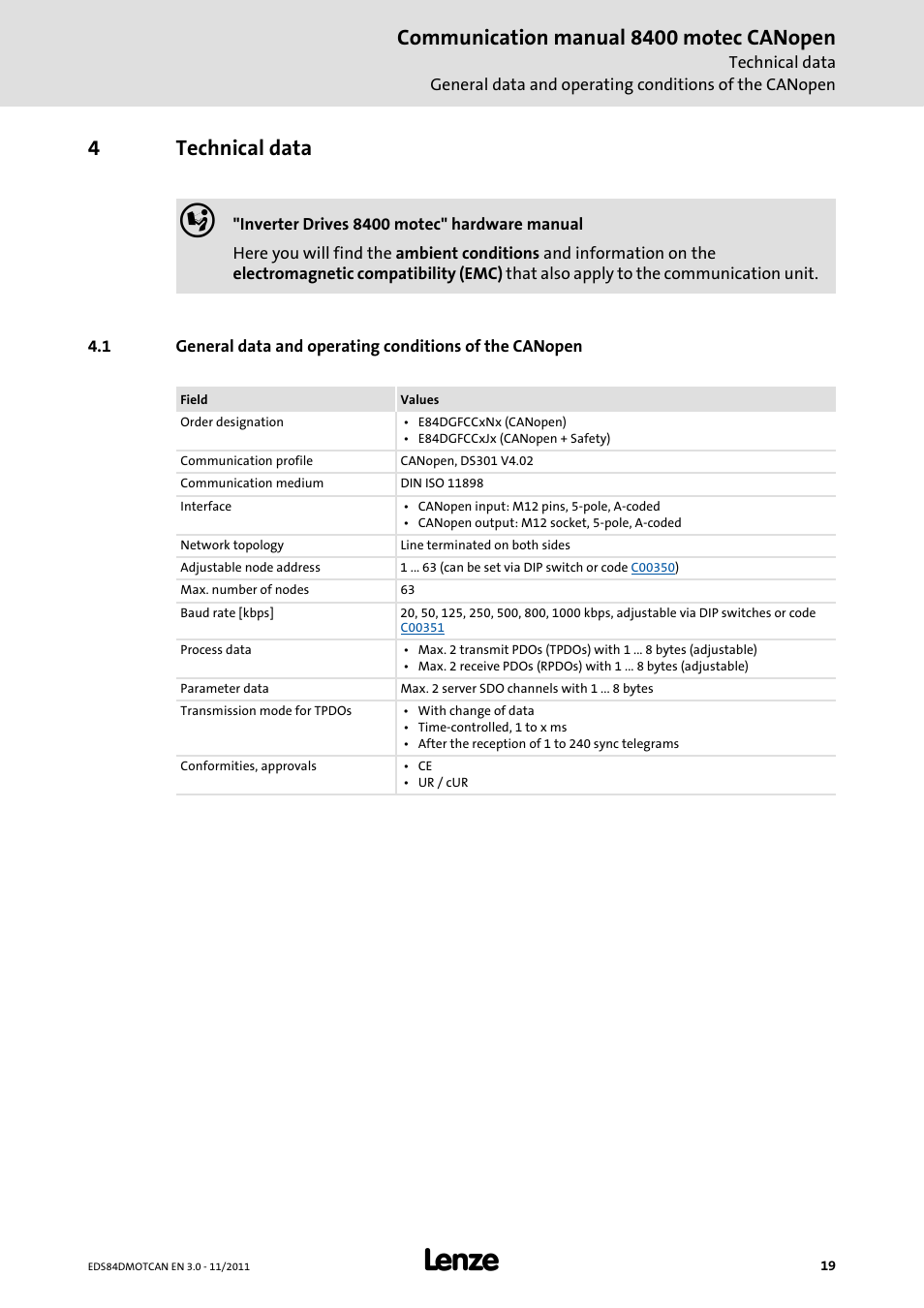 4 technical data, Technical data, Communication manual 8400 motec canopen | 4technical data | Lenze E84DGFCC User Manual | Page 19 / 111