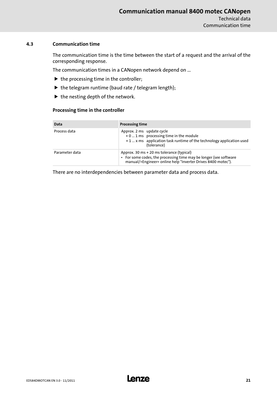 3 communication time, Communication time, Communication manual 8400 motec canopen | Lenze E84DGFCC User Manual | Page 21 / 111