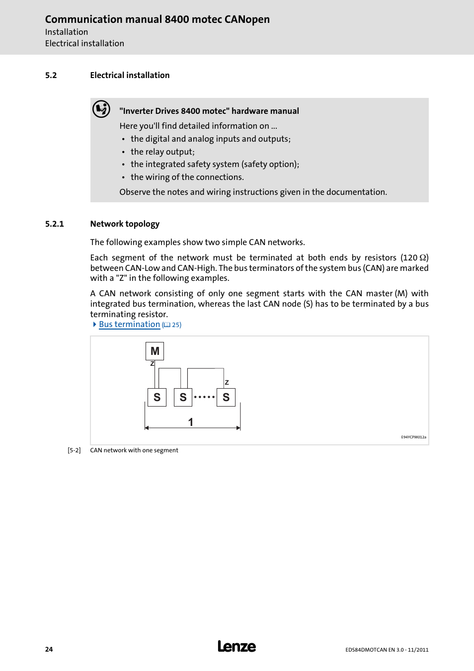 2 electrical installation, 1 network topology, Electrical installation | Network topology, Communication manual 8400 motec canopen | Lenze E84DGFCC User Manual | Page 24 / 111