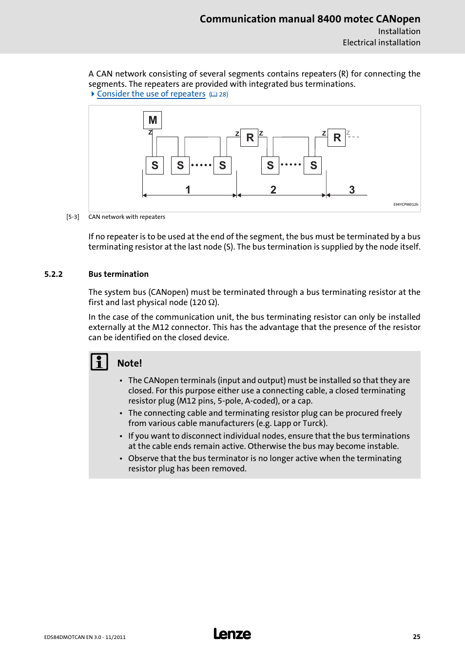 2 bus termination, Bus termination, Communication manual 8400 motec canopen | 12 3 r s s r | Lenze E84DGFCC User Manual | Page 25 / 111