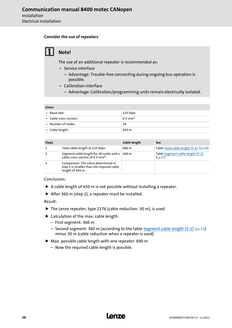 Consider the use of repeaters, Communication manual 8400 motec canopen | Lenze E84DGFCC User Manual | Page 28 / 111