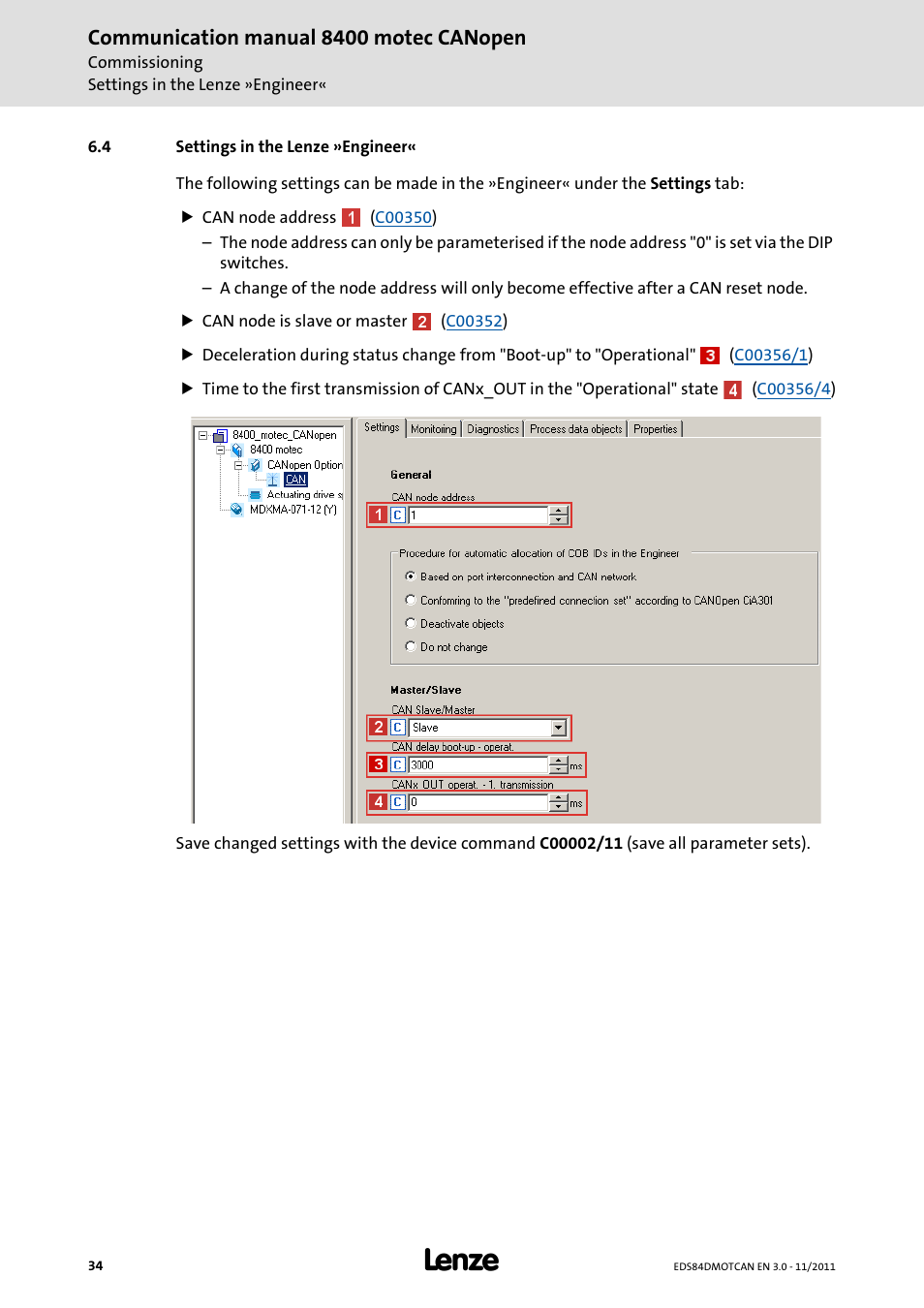 4 settings in the lenze »engineer, Settings in the lenze »engineer, Communication manual 8400 motec canopen | Lenze E84DGFCC User Manual | Page 34 / 111