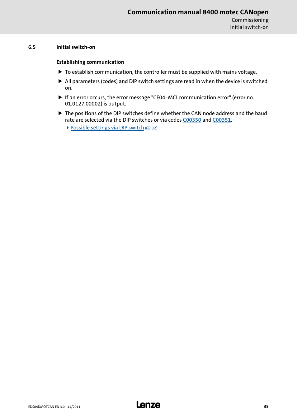5 initial switch-on, Initial switch-on, Communication manual 8400 motec canopen | Lenze E84DGFCC User Manual | Page 35 / 111