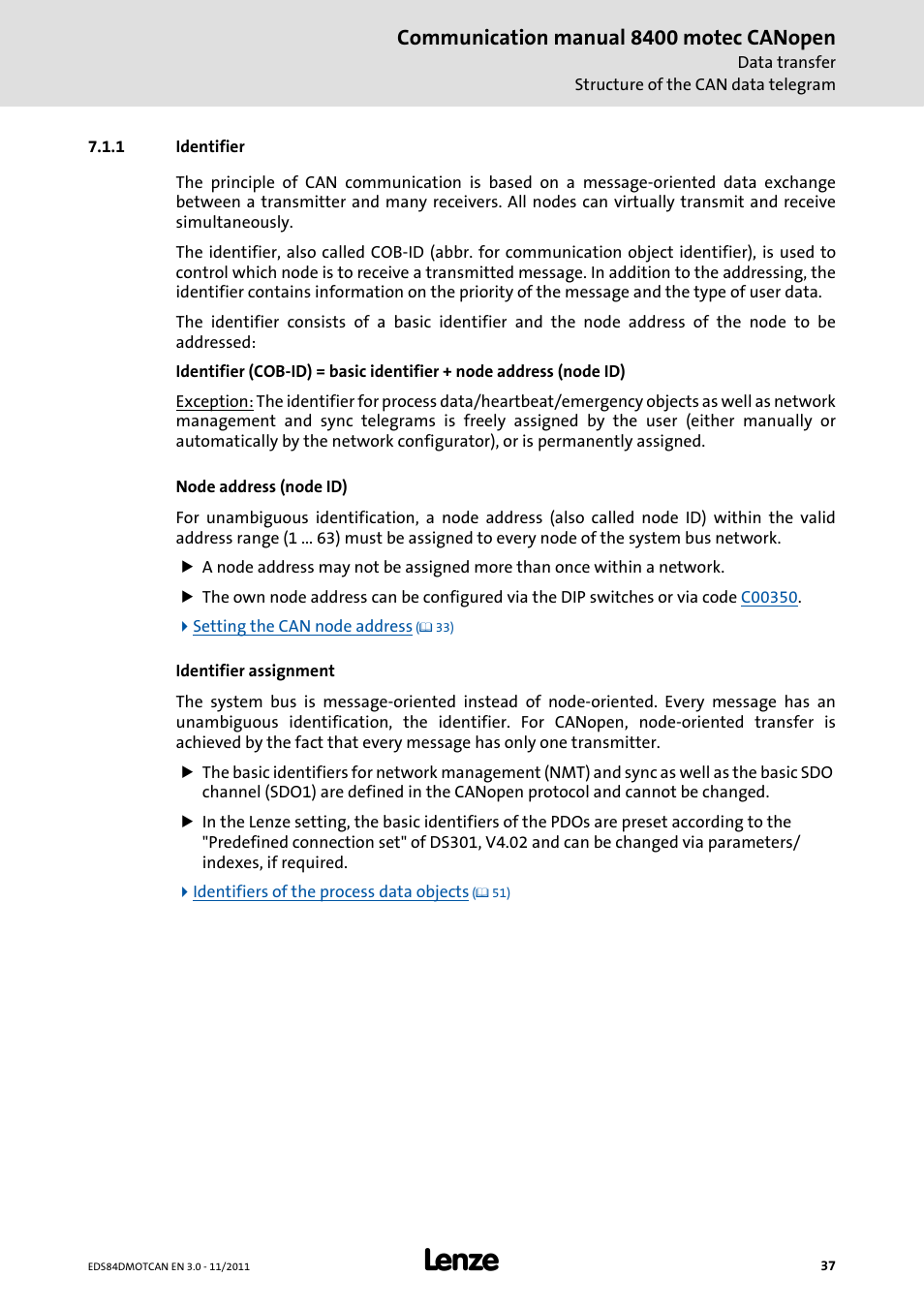 1 identifier, Identifier, Communication manual 8400 motec canopen | Lenze E84DGFCC User Manual | Page 37 / 111