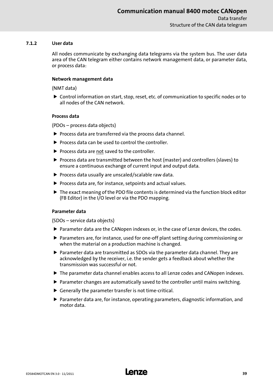 2 user data, User data, Communication manual 8400 motec canopen | Lenze E84DGFCC User Manual | Page 39 / 111