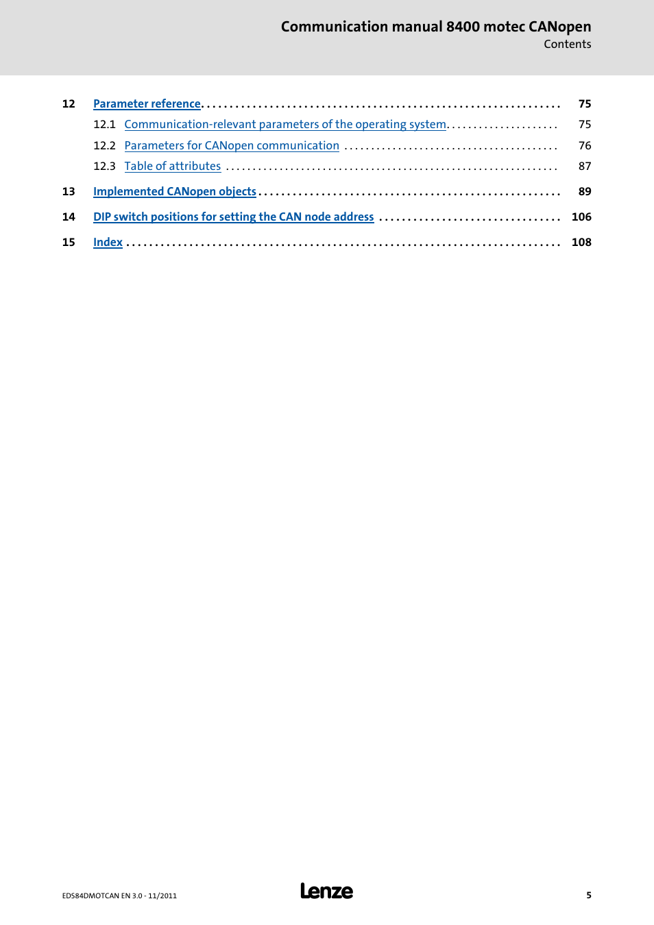 Communication manual 8400 motec canopen | Lenze E84DGFCC User Manual | Page 5 / 111