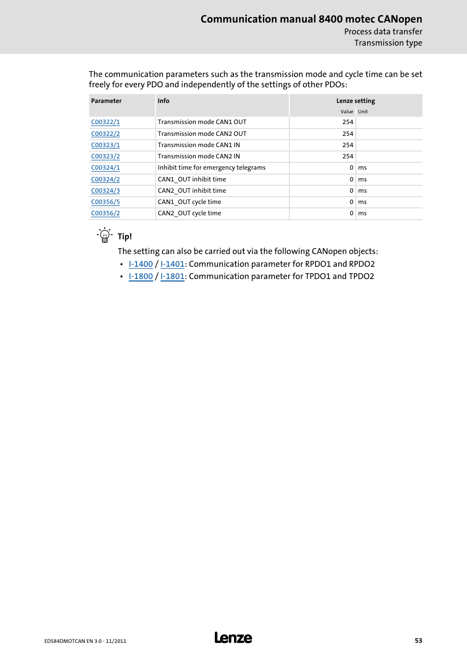 Communication manual 8400 motec canopen | Lenze E84DGFCC User Manual | Page 53 / 111
