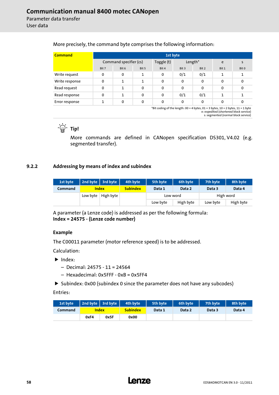 2 addressing by means of index and subindex, Addressing by means of index and subindex, Communication manual 8400 motec canopen | Lenze E84DGFCC User Manual | Page 58 / 111