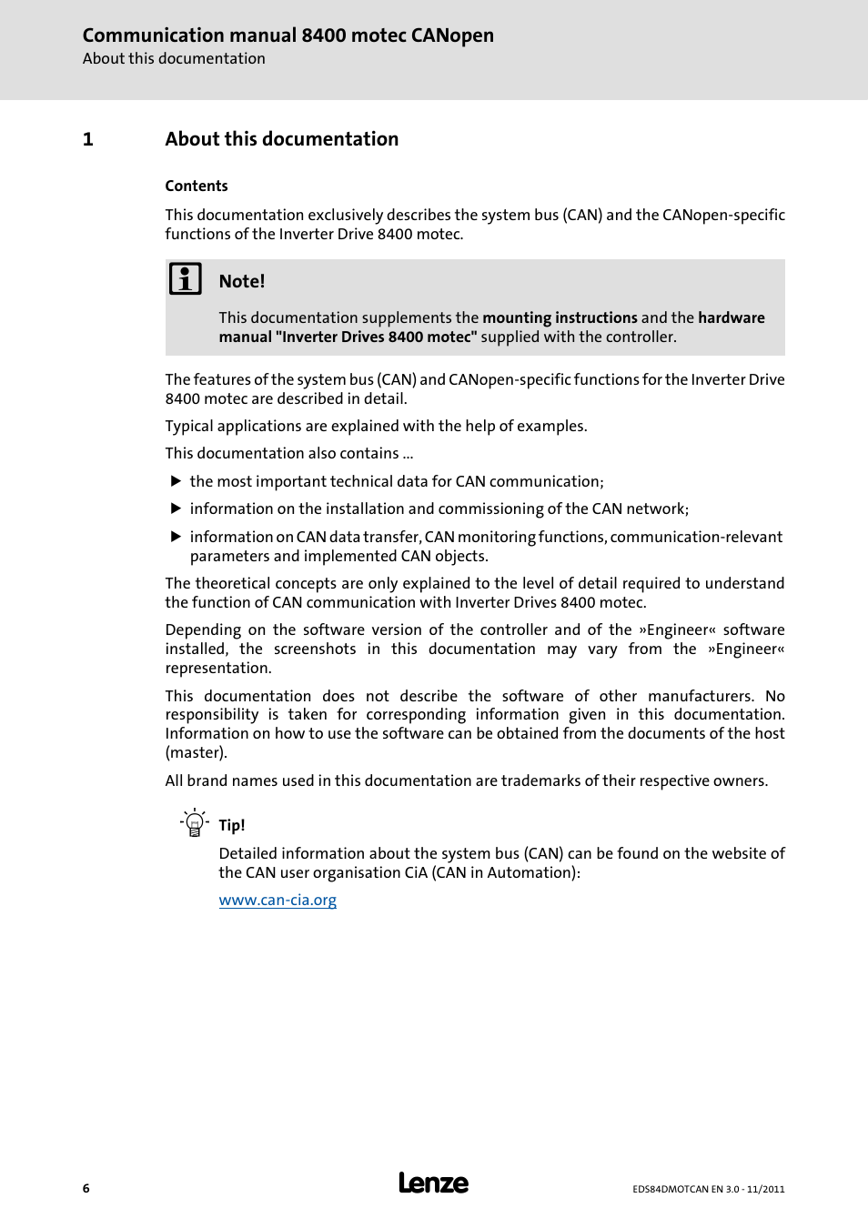 1 about this documentation, About this documentation | Lenze E84DGFCC User Manual | Page 6 / 111