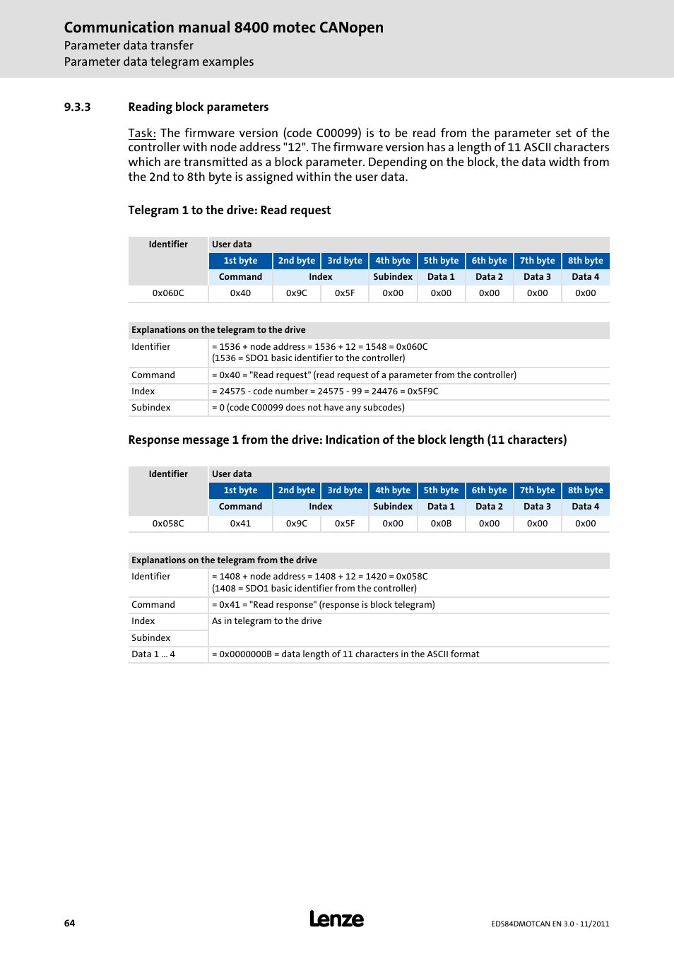 3 reading block parameters, Reading block parameters, Communication manual 8400 motec canopen | Lenze E84DGFCC User Manual | Page 64 / 111