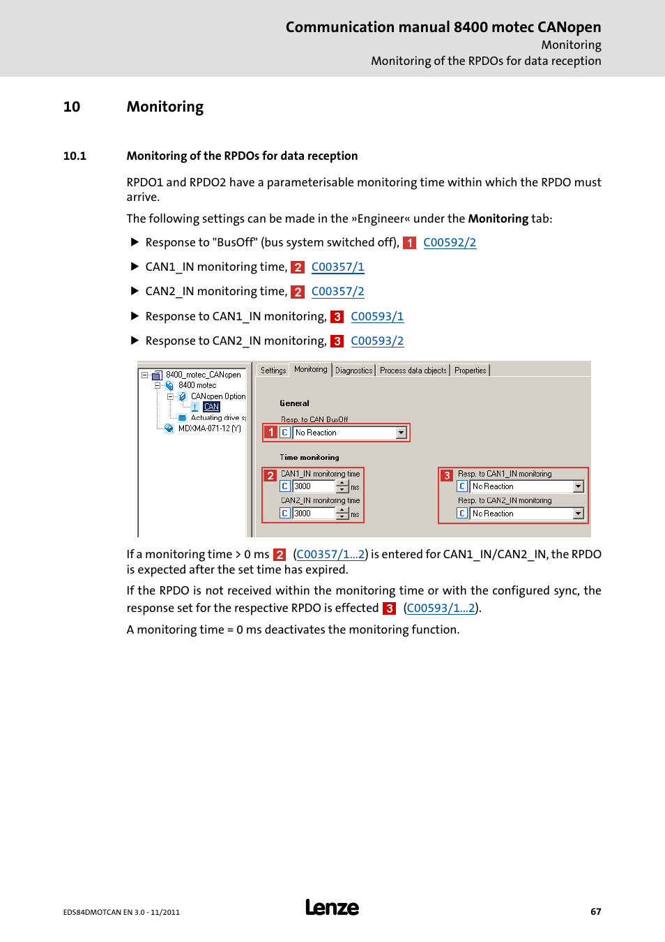 10 monitoring, 1 monitoring of the rpdos for data reception, Monitoring | Monitoring of the rpdos for data reception, Communication manual 8400 motec canopen | Lenze E84DGFCC User Manual | Page 67 / 111