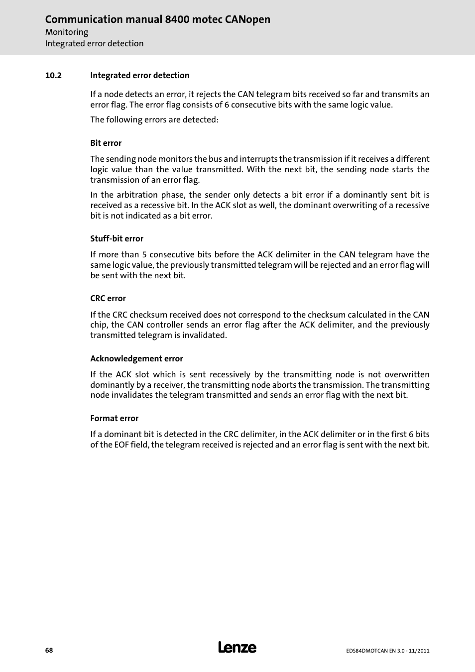 2 integrated error detection, Integrated error detection, Communication manual 8400 motec canopen | Lenze E84DGFCC User Manual | Page 68 / 111