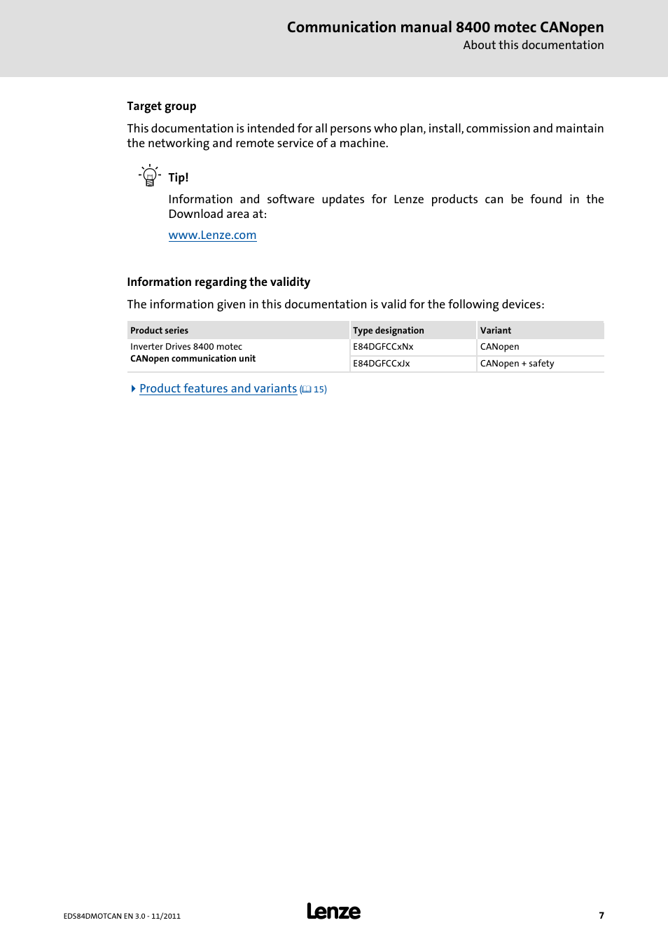 Communication manual 8400 motec canopen | Lenze E84DGFCC User Manual | Page 7 / 111