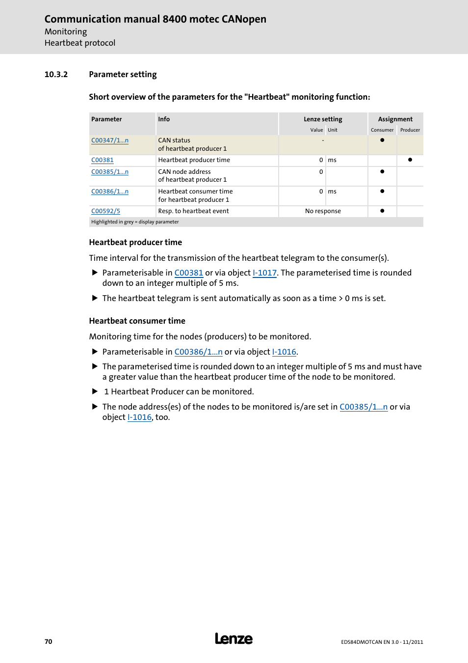 2 parameter setting, Parameter setting, Communication manual 8400 motec canopen | Lenze E84DGFCC User Manual | Page 70 / 111
