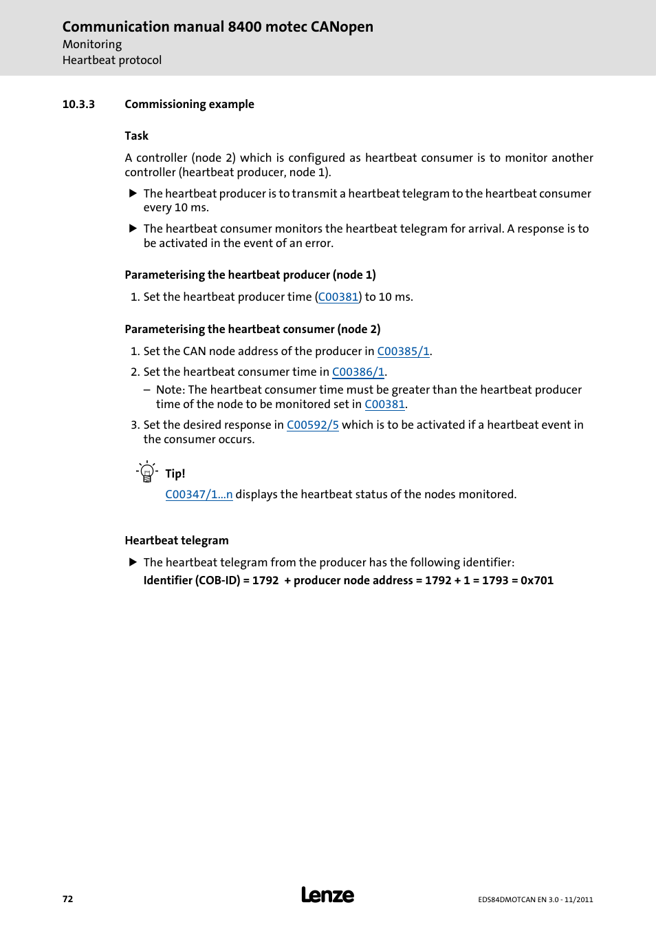 3 commissioning example, Commissioning example, Communication manual 8400 motec canopen | Lenze E84DGFCC User Manual | Page 72 / 111