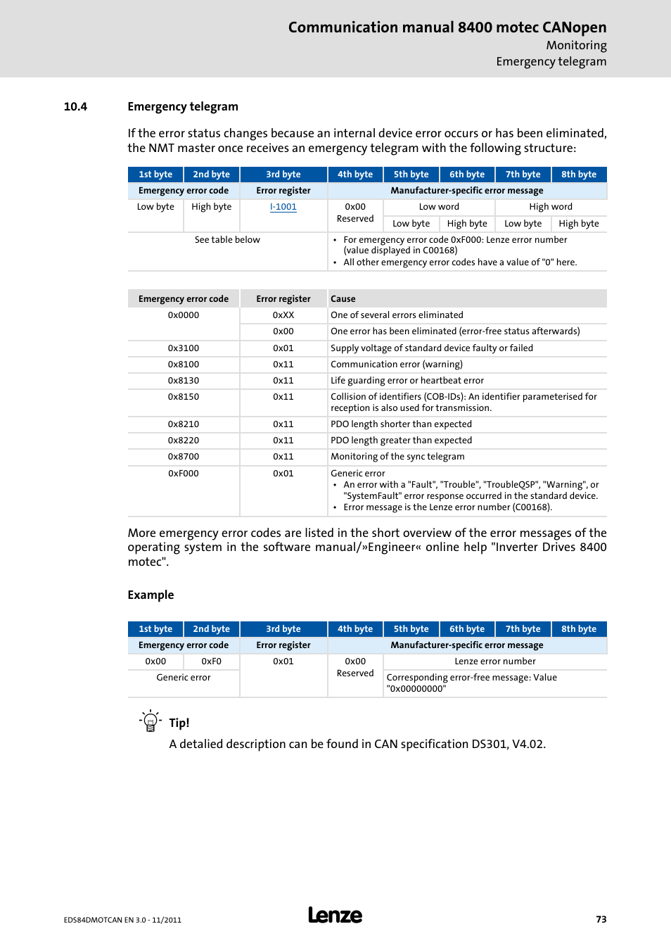 4 emergency telegram, Emergency telegram, Communication manual 8400 motec canopen | Lenze E84DGFCC User Manual | Page 73 / 111