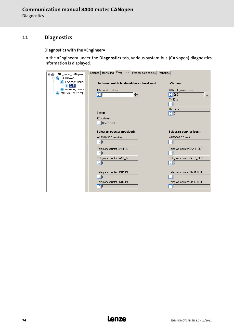 11 diagnostics, Diagnostics | Lenze E84DGFCC User Manual | Page 74 / 111