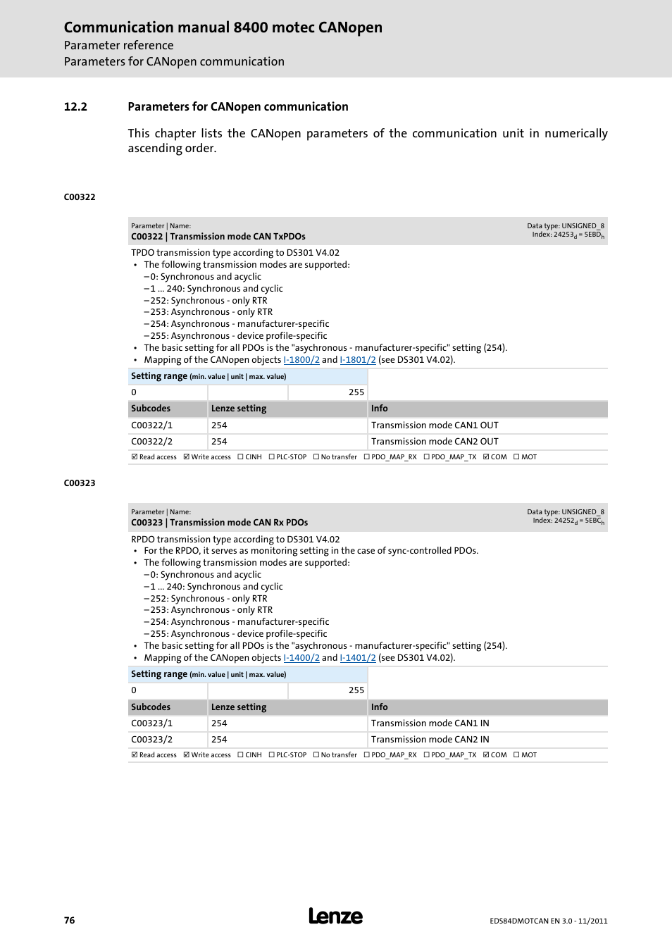 2 parameters for canopen communication, C00322 | transmission mode can txpdos, C00323 | transmission mode can rx pdos | Parameters for canopen communication, C00322/1, C00322/2, C00323/1, C00323/2, Communication manual 8400 motec canopen | Lenze E84DGFCC User Manual | Page 76 / 111