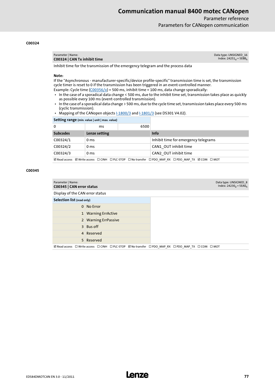 C00324 | can tx inhibit time, C00345 | can error status, C00324/1 | C00324/2, C00324/3, Communication manual 8400 motec canopen | Lenze E84DGFCC User Manual | Page 77 / 111