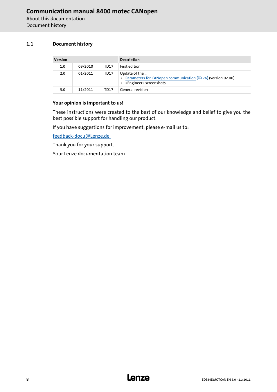 1 document history, Document history, Communication manual 8400 motec canopen | Lenze E84DGFCC User Manual | Page 8 / 111