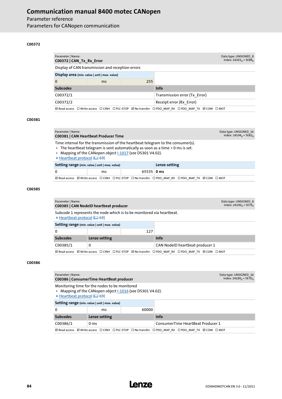 C00372 | can_tx_rx_error, C00381 | can heartbeat producer time, C00385 | can nodeid heartbeat producer | C00386 | consumertime heartbeat producer, C00381, Or via object, C00386/1...n, C00385/1...n, Oducer time, Set the can node address of the producer in | Lenze E84DGFCC User Manual | Page 84 / 111