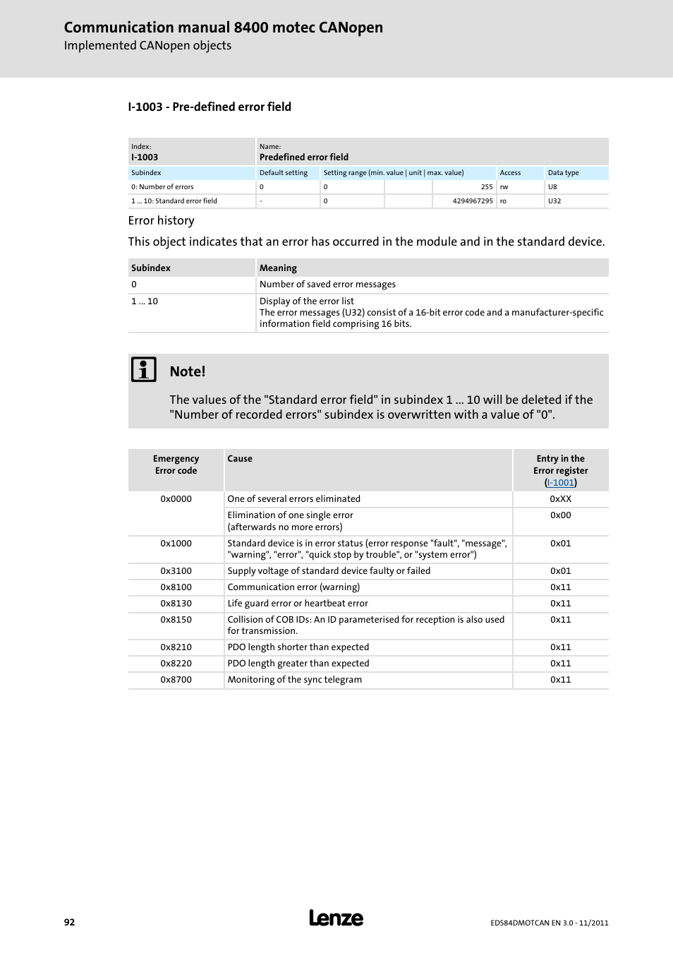 I-1003 - pre-defined error field, I-1003, Communication manual 8400 motec canopen | Lenze E84DGFCC User Manual | Page 92 / 111