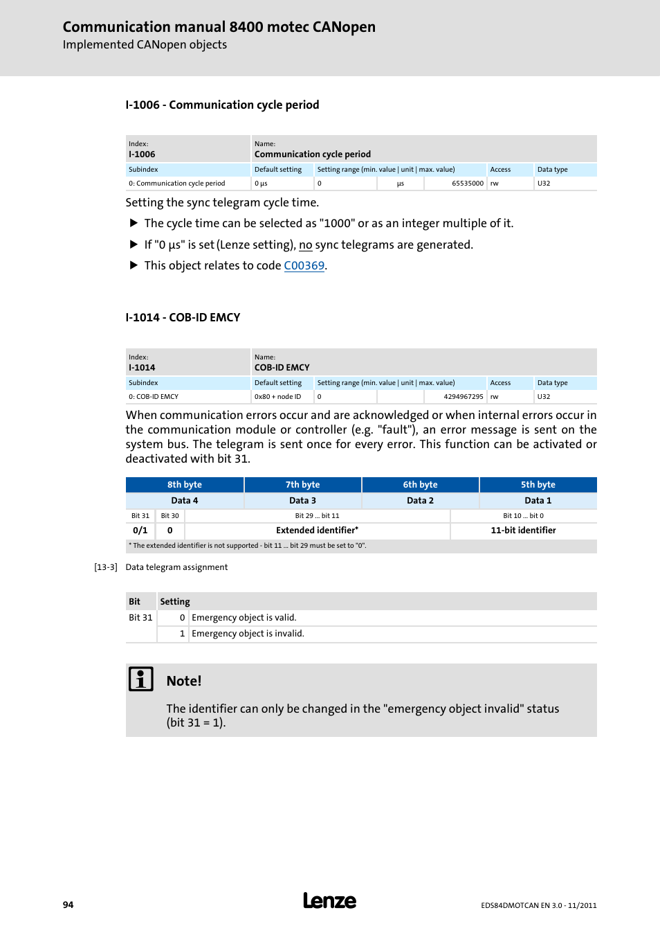 I-1006 - communication cycle period, I-1014 - cob-id emcy, I-1006 | I-1014, Can be set using object, Communication manual 8400 motec canopen | Lenze E84DGFCC User Manual | Page 94 / 111