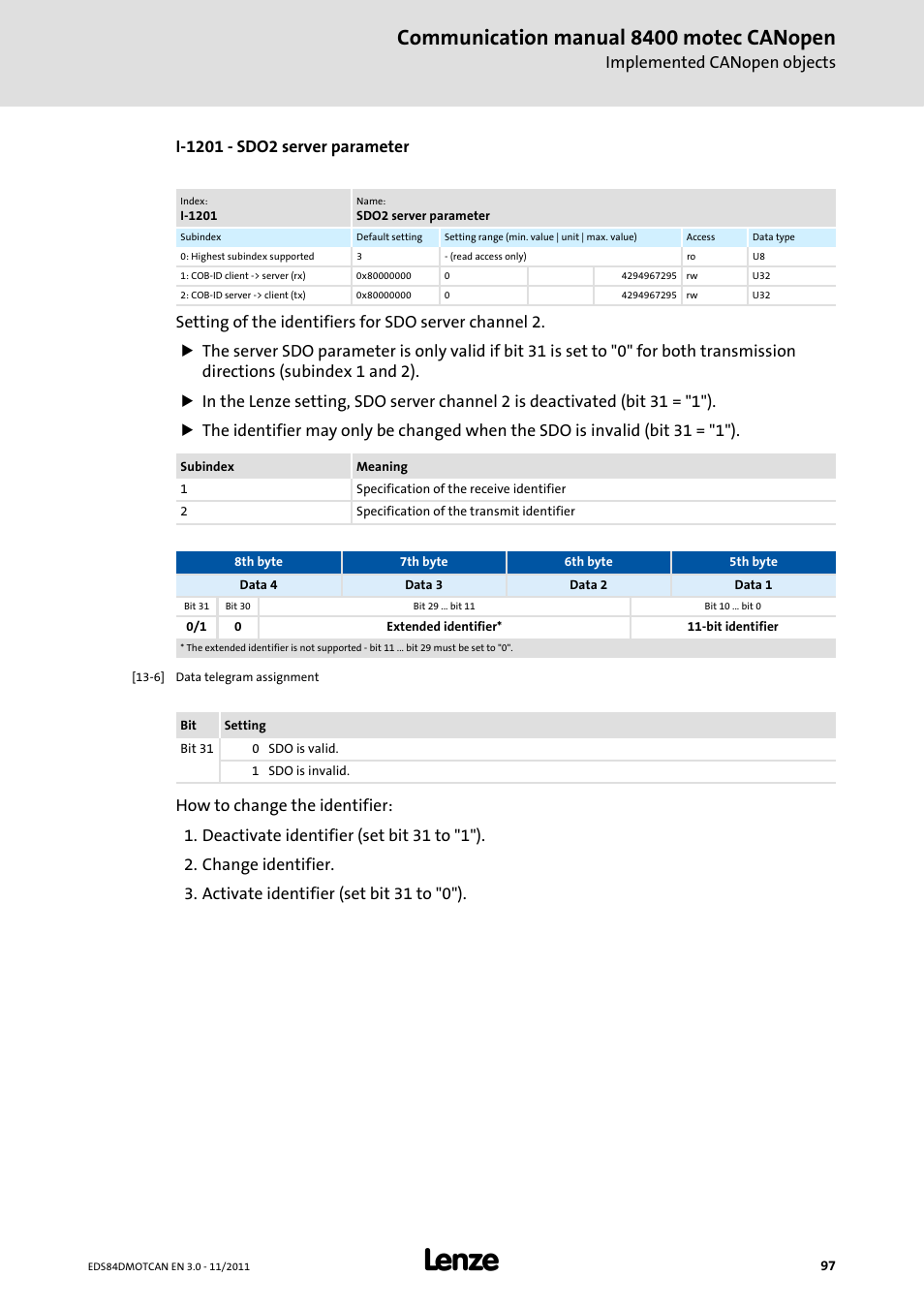 I-1201 - sdo2 server parameter, I-1201, Communication manual 8400 motec canopen | Implemented canopen objects | Lenze E84DGFCC User Manual | Page 97 / 111