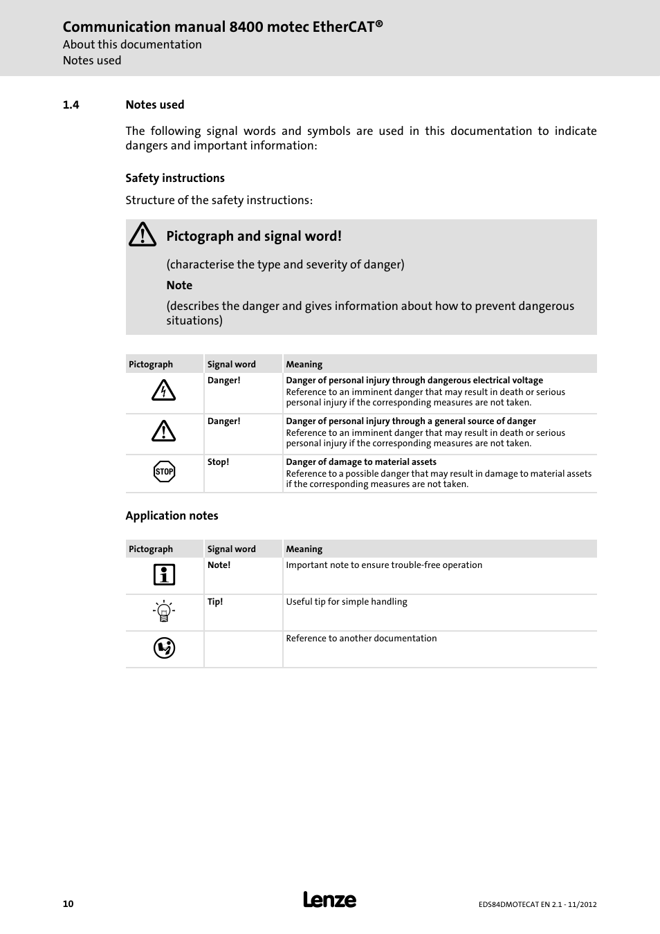 4 notes used, Notes used, Communication manual 8400 motec ethercat | Lenze E84DGFCT User Manual | Page 10 / 76