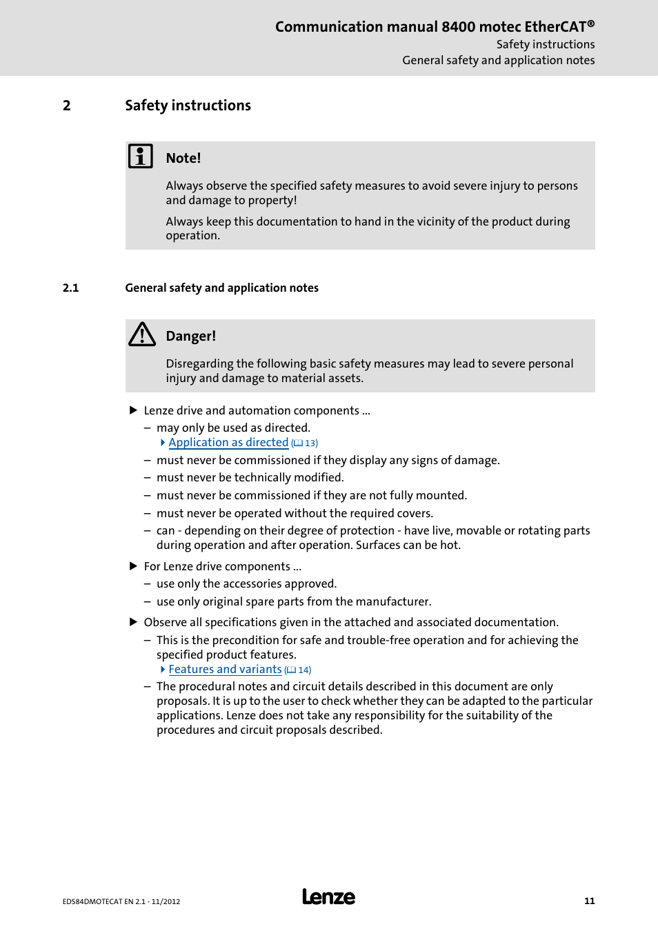 2 safety instructions, 1 general safety and application notes, Safety instructions | General safety and application notes | Lenze E84DGFCT User Manual | Page 11 / 76