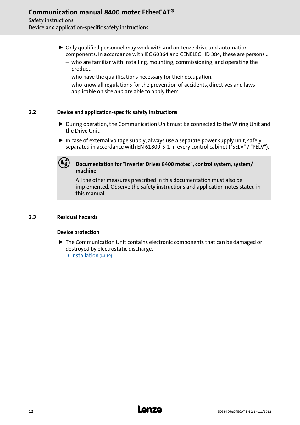 3 residual hazards, Residual hazards | Lenze E84DGFCT User Manual | Page 12 / 76