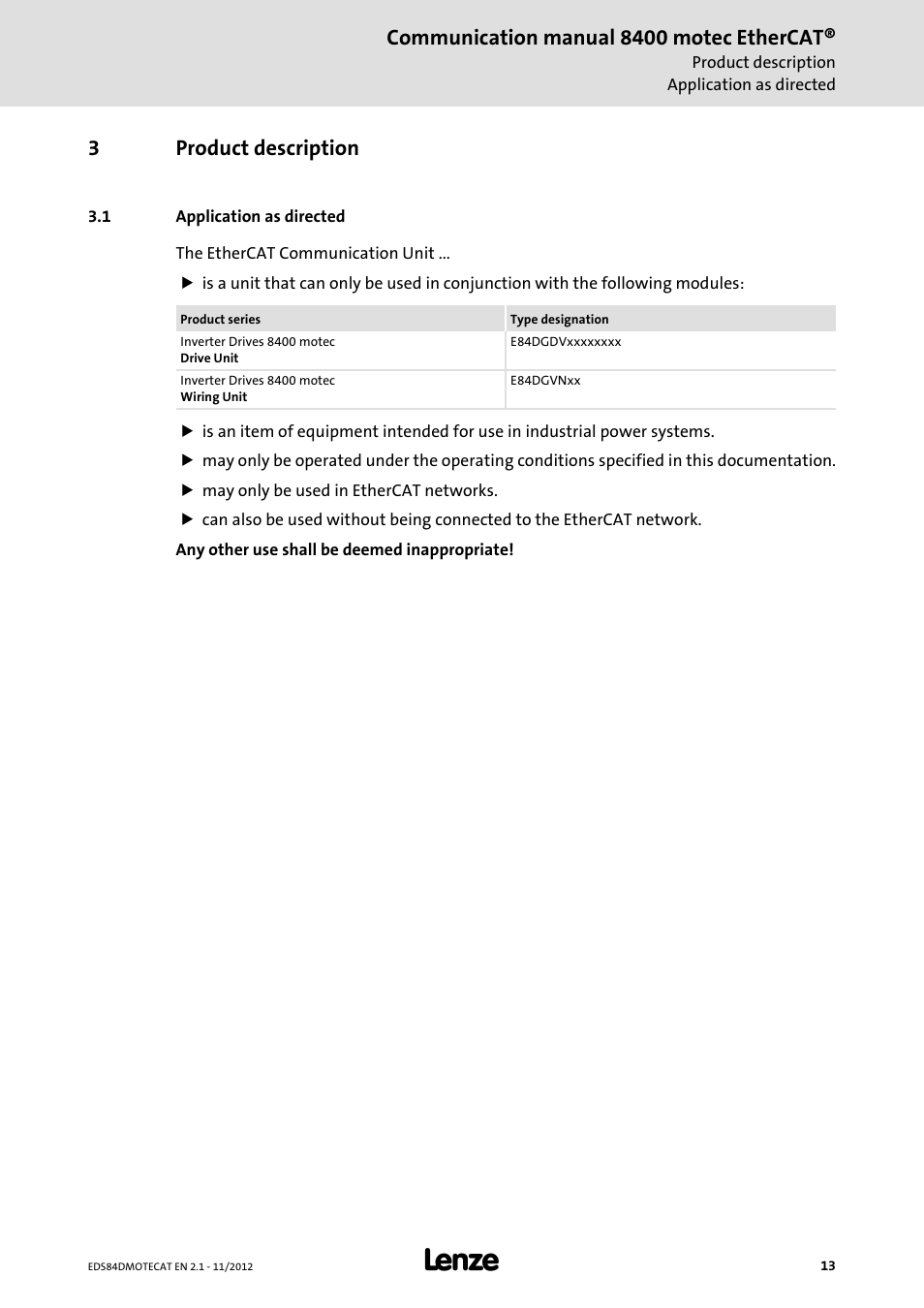 3 product description, 1 application as directed, Product description | Application as directed, Communication manual 8400 motec ethercat, 3product description | Lenze E84DGFCT User Manual | Page 13 / 76