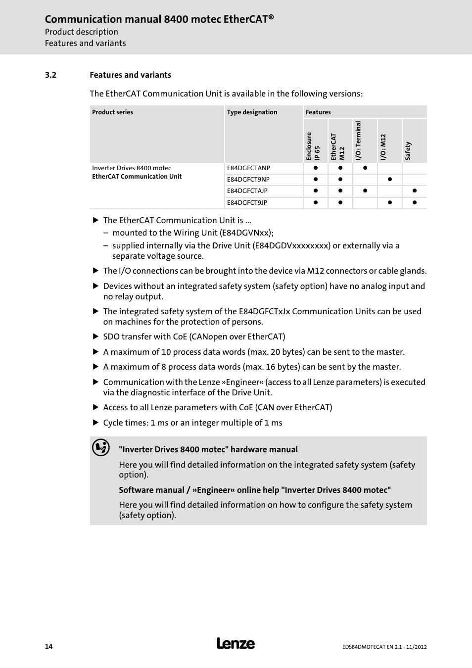 2 features and variants, Features and variants, Communication manual 8400 motec ethercat | Lenze E84DGFCT User Manual | Page 14 / 76