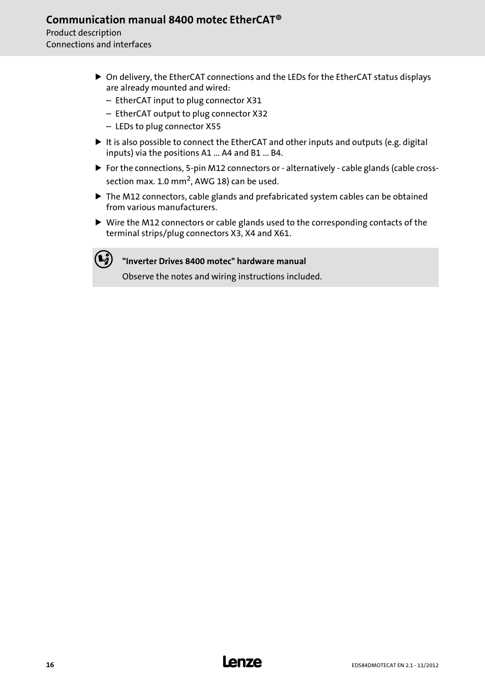 Lenze E84DGFCT User Manual | Page 16 / 76